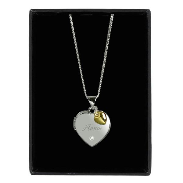 Abode Home & Gifts Personalised Sterling Silver Heart Locket with Diamond & 9ct Gold Charm