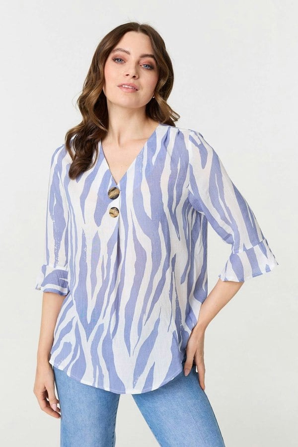 Blue | Animal Print 3/4 Flared Sleeve Blouse