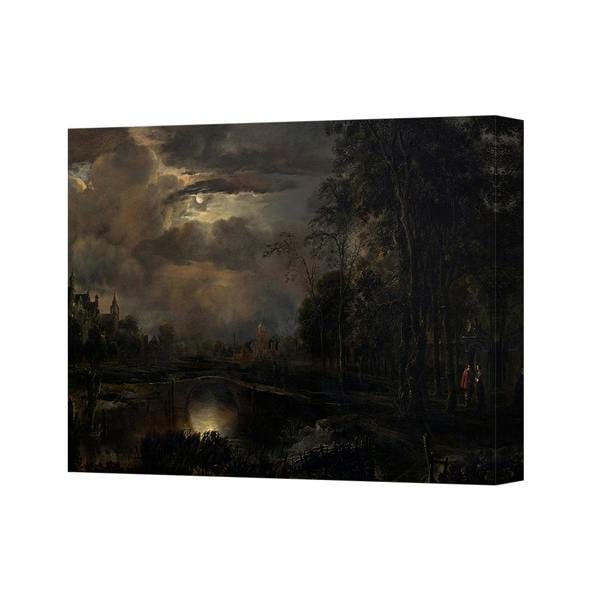 Benjamin Tate Design Moonlit Landscape Canvas Wall Art Print With Bridge And Trees