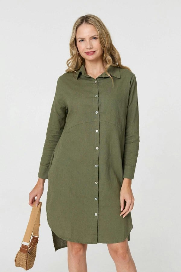 Khaki | Long Sleeve Split Hem Maxi Shirt Dress

