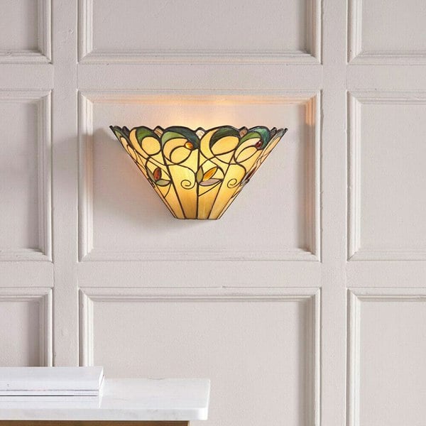 Tiffany Glass Floral Design Wall Light - Matt Black Steel - Dimmable LED Lamp Loops