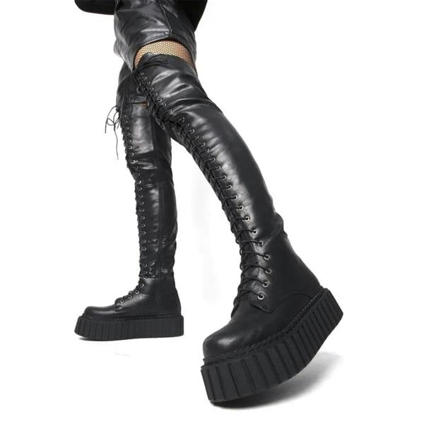 Lamoda No Turnin' Back BlackPU Chunky Thigh High Creeper Boots Trendy