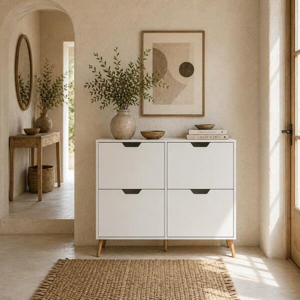 Wyld Haus Toyo Wooden White Shoe Cabinet With 4 Flip Drawers for 16 Pairs