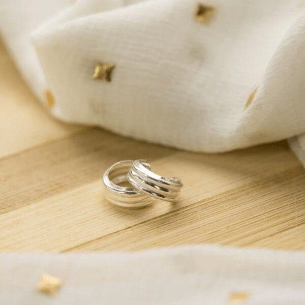 The Colourful Aura Pure Silver Small Stripe Wide Bali Lightweight Dainty Unisex Punk Hoop Earring