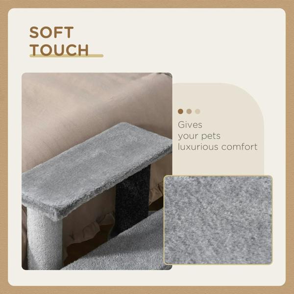 Grey plush pet stairs step and scratching post, close-up comfort texture