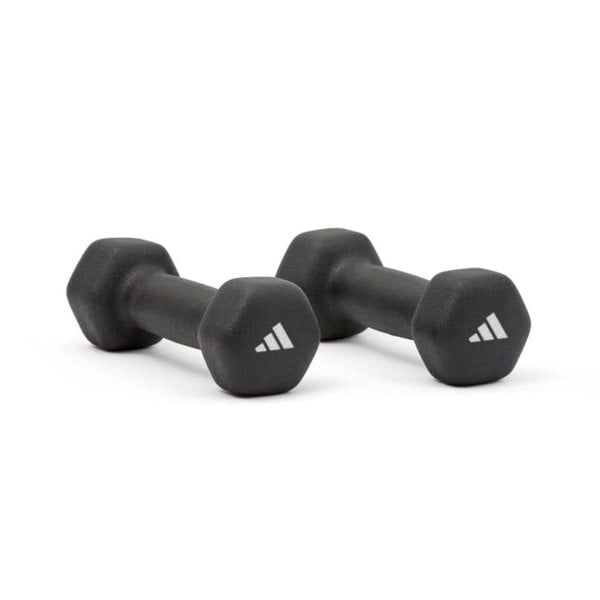 Two black dumbbells with Adidas logos on a white background