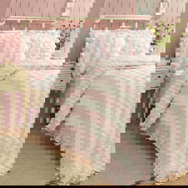 Catherine Lansfield Seersucker Frill Stripe Duvet Cover Set Pink