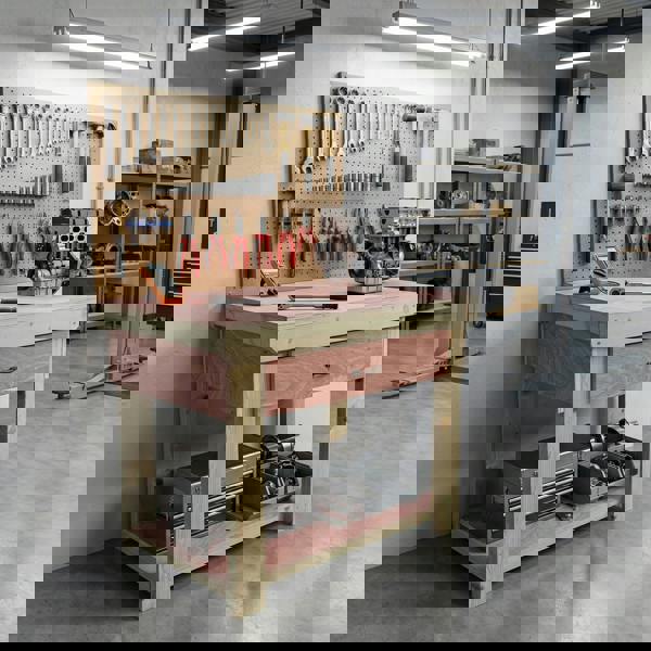 Wooden eucalyptus Top Workbench – Durable Tool Cabinet with Multiple Drawers, Ideal for Dry Indoor Spaces Such as Garages, Workshops, and Studios