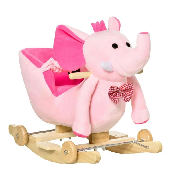 Pink plush elephant rocking toy with bow, on wooden base with rolling wheels