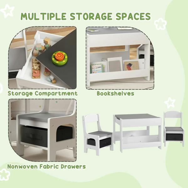 Kids table set with storage compartment, bookshelves, and chair-side drawer cubby