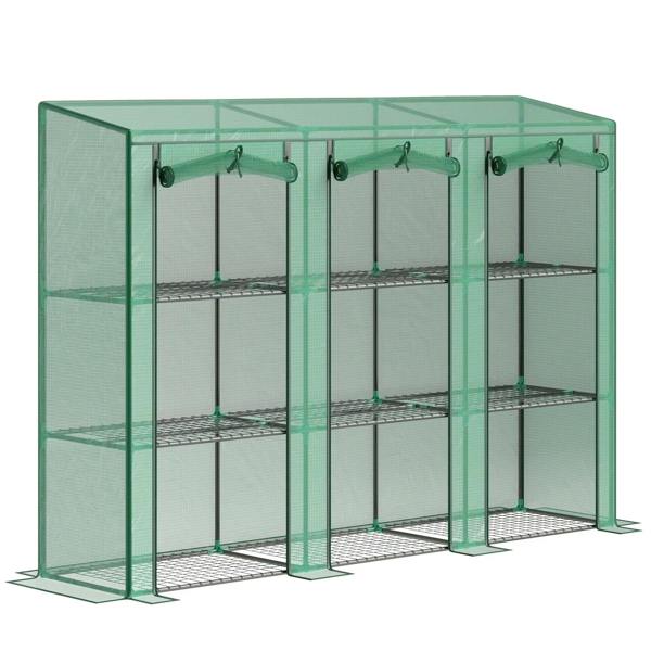 Green nine-shelf greenhouse with mesh panels and wire racks