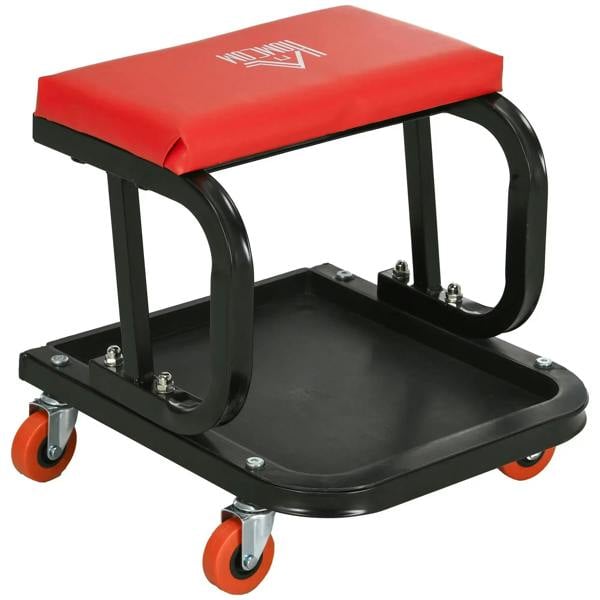 Red workshop rolling stool with padded seat, black frame, and built-in tool tray