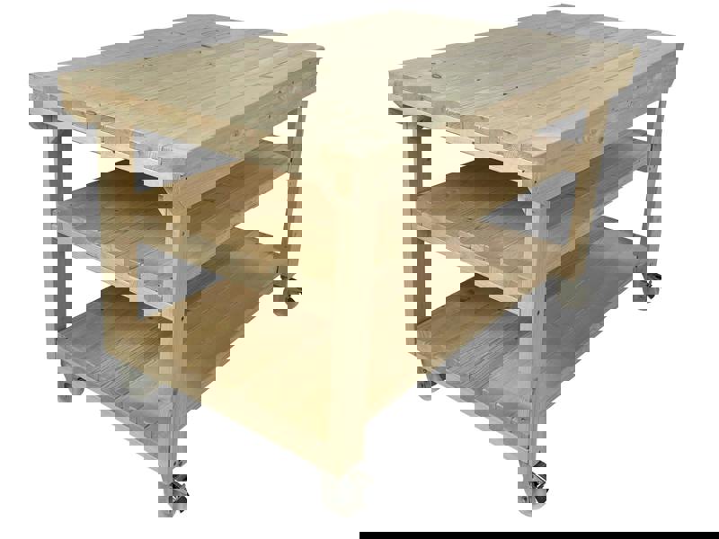 Rotem Wooden Kiln-Dry Workbench – 3ft Depth Sturdy and Durable Workstation with Wheels and Double Shelf for Extra Storage, Ideal for Garages, Workshops, and Sheds