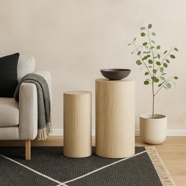 Wyld Haus Set of 2 Lille Beige Marble Effect Round Pedestal Side Tables