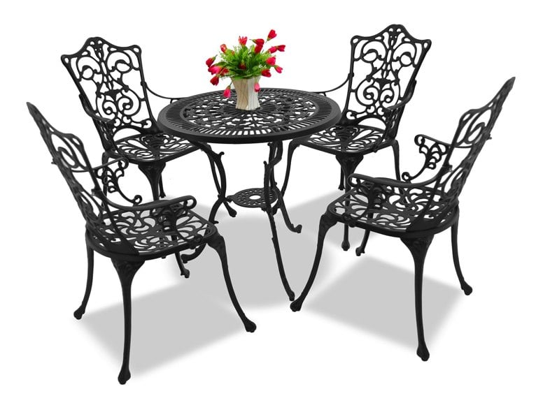 Centurion Supports TABREEZ Opulent Garden and Patio Table and 4 Large Chairs with Armrests Cast Aluminium Bistro Set - Black