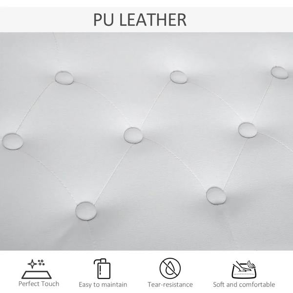 Close-up of white tufted PU leather upholstery with button details