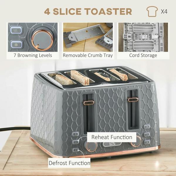 Grey 4-slice toaster with crumb tray and browning control dials, rose-gold accents