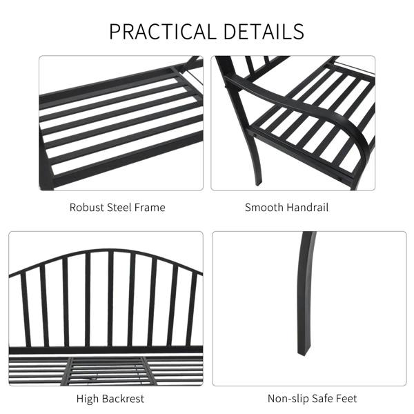 Black metal bench details: high backrest slats, smooth handrails, non-slip feet