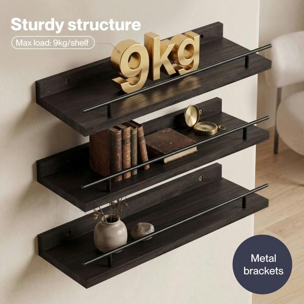 Levede Floating Shelves Set of 3 Wooden Wall Mounted Shelves Storage Black