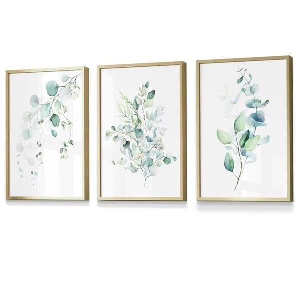 Artze Wall Art FLORAL Set of 3 Eucalyptus Blue Green Leaves Framed Prints
