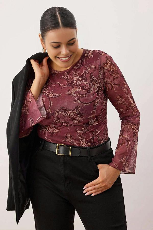 WOVCOR Shawl Pattern Boat Neck Asymmetrical Fitted Plus Size Blouse