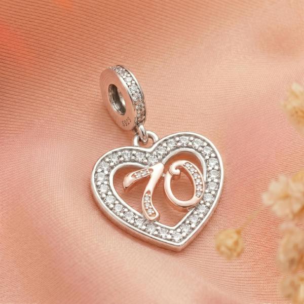 Parus Home 70th Birthday Charm Pandora Compatible 925 Sterling Silver Heart Dangle, Grandma Bracelet Gift