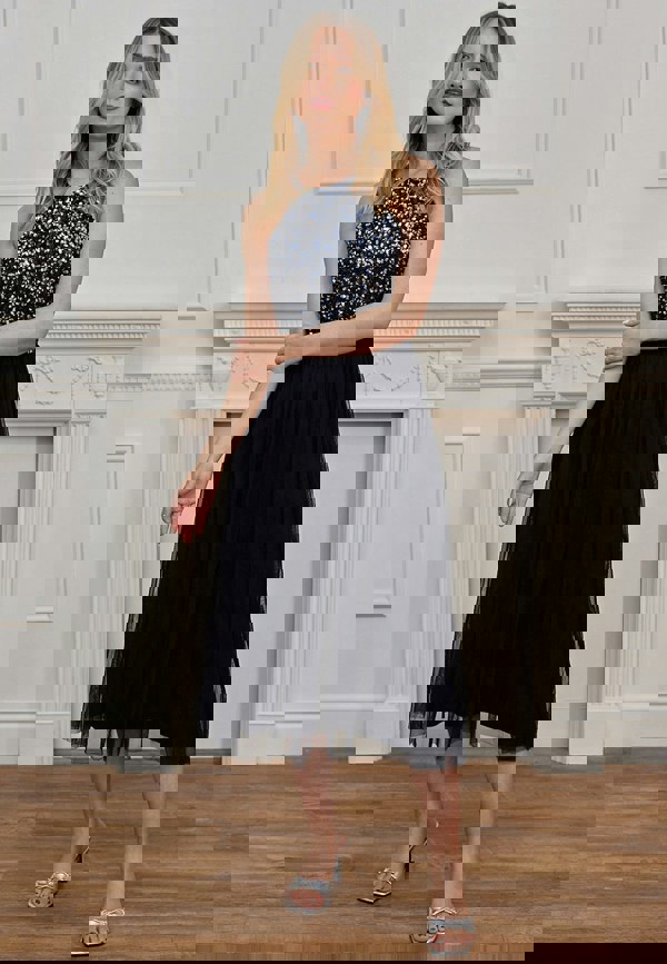 Embellished Halterneck Sequin Midi Dress in Navy - ANGELEYE
