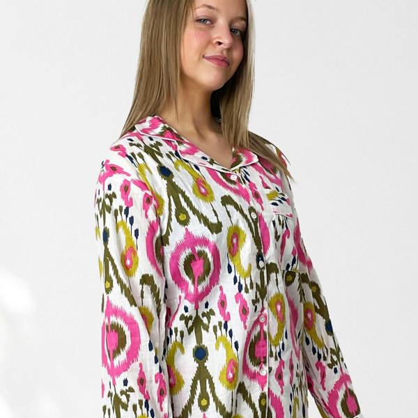 Hayley & Co Ikat Print 100% Cotton Long Pyjama Set in White and Print
