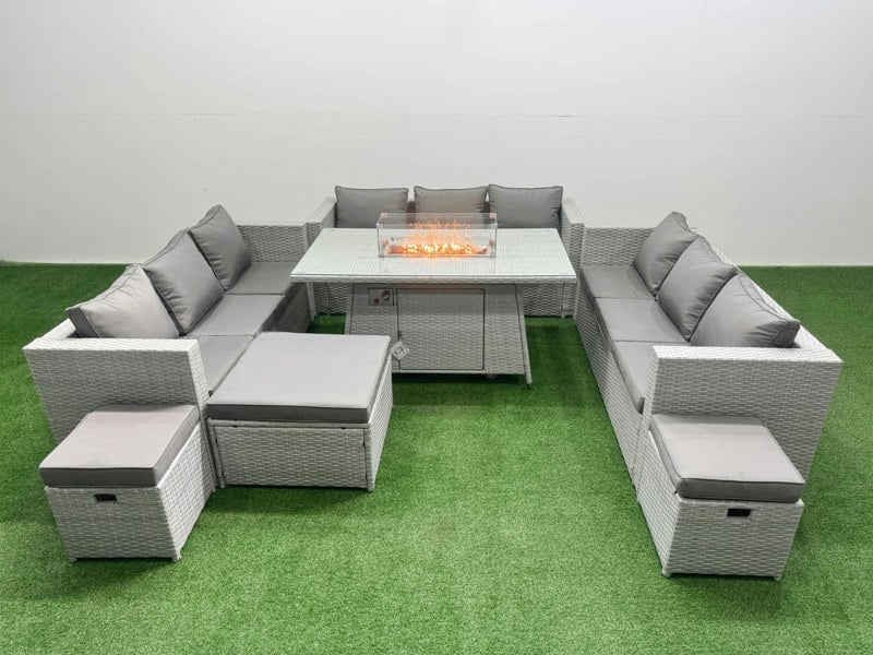 Fimous PE Rattan Lounge Sofa Set Outdoor Garden Furniture Set with Fire Pit Dining Table 3 Seater Sofa 3 Stools Light Grey