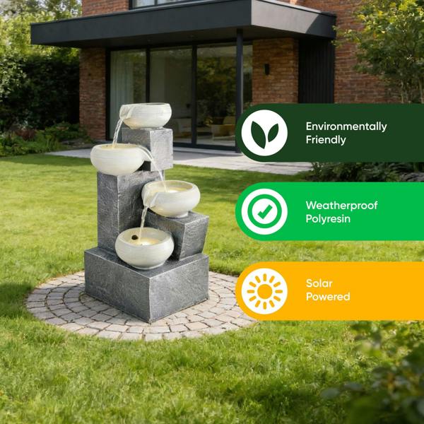Gardenwize Solar Water Feature – 4 Tier Tabletop Fountain with LED Lights & Battery Backup