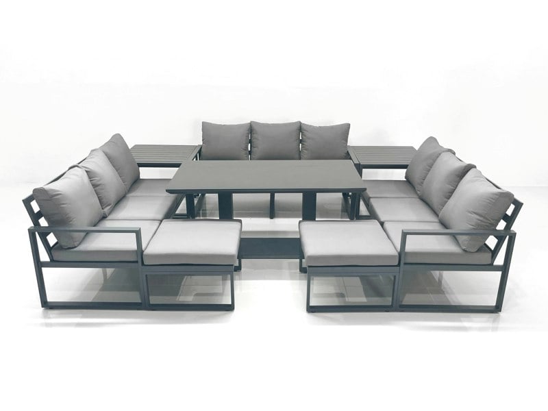 Fimous 11 Seater Garden Sofa Set Aluminium Furniture Rising Dining Tabe Set with 2 Side Tables 2 Big Footstools Dark Grey