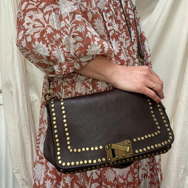 Close-up of stud detailing on the Scott-Samuel Studded Vintage Style Leather Bag