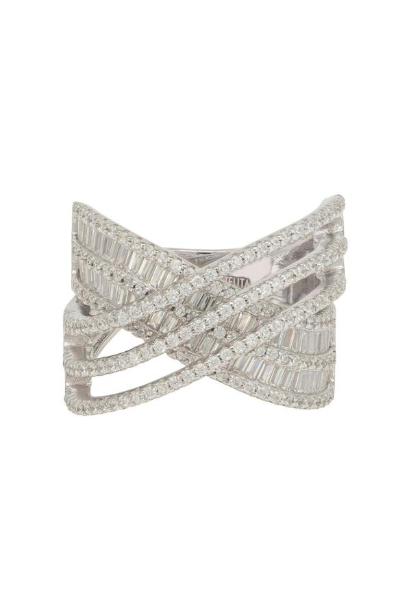 Silver ring with intricate design on a white background