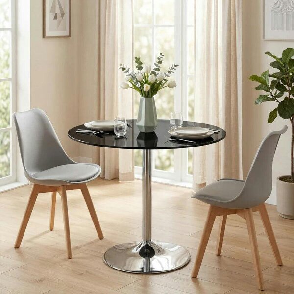 Round Bar Table, Modern Dining Table with Tempered Glass Top and Steel Frame for 4, 80 x 80 x 77cm, Black - Black