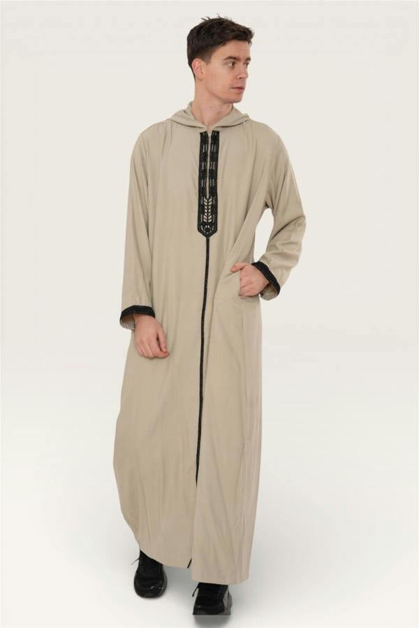 Infinity Leather Men's Hooded Moroccan Embroidery Djellaba Islamic Jubba Robe Eid Ramadan Thobe