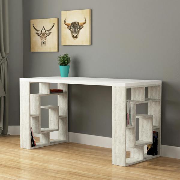 Decortie Labirent Modern Desk with Bookshelf Legs White Anthracite Grey 137cm