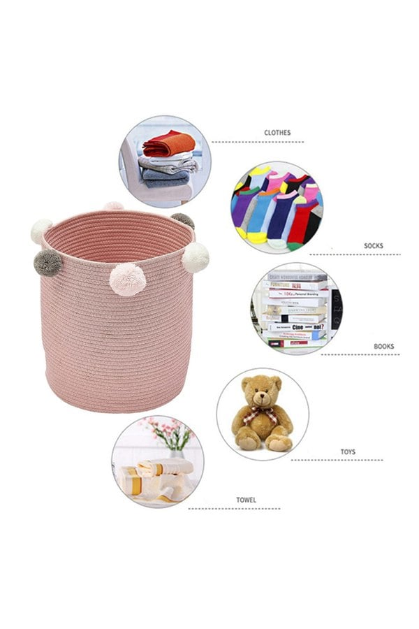 Living and Home Cotton Rope Basket Woven Laundry Blanket Toy Basket Organizer with Pompom Living Room Pink
