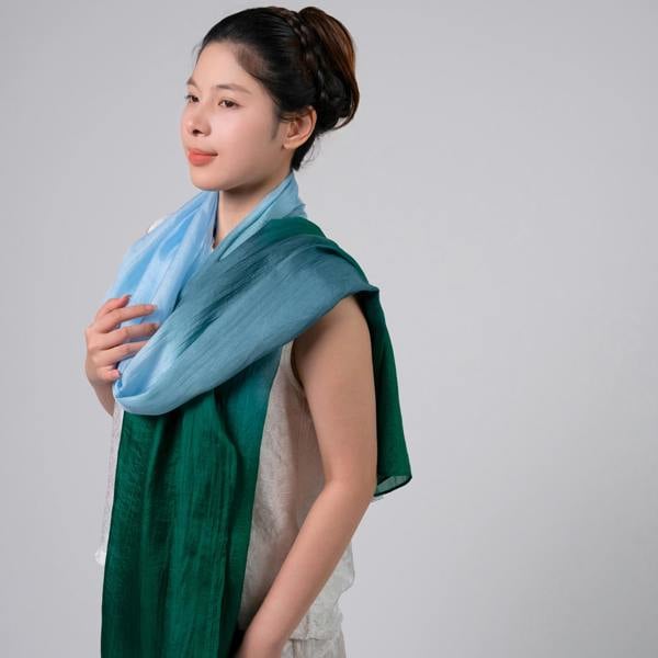 Blue & Emerald Ombré Silk Scarf – Hand-Dyed Mulberry Silk, Wedding Guest & Eid Wrap