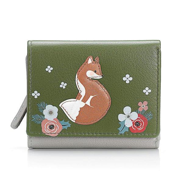 Pia Fox Leather Purse, Olive Green Appliqué Wallet with Card Slots