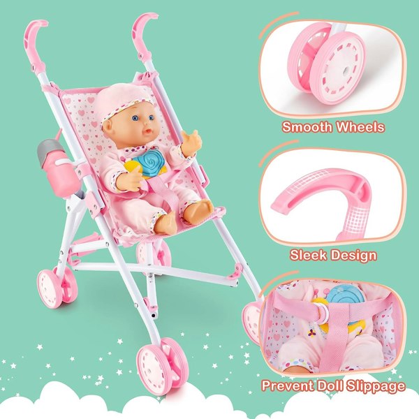 deAO Toys My First Baby Doll Play Set with Stroller Baby Doll Pushchair with Accessories