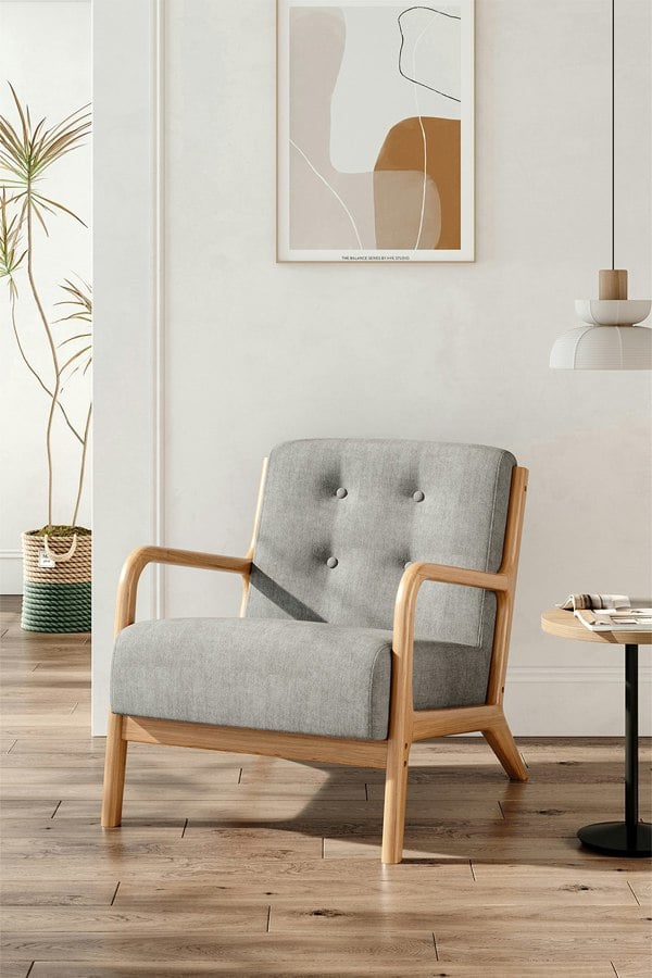 Living and Home Grey Solid Wooden Frame Upholstered Tufted Armchair