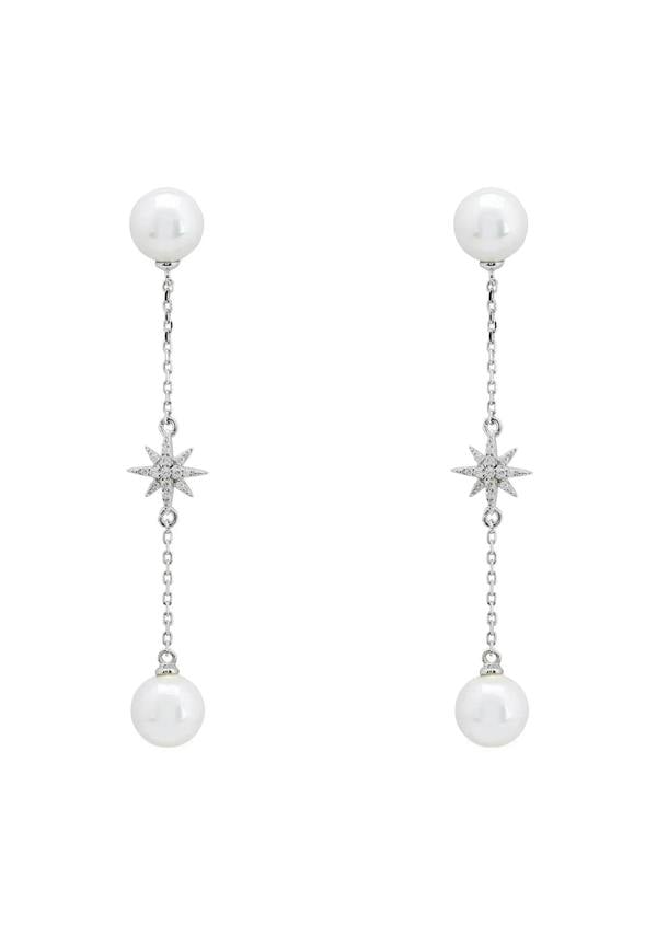Silver starburst chain pearl drop earrings.