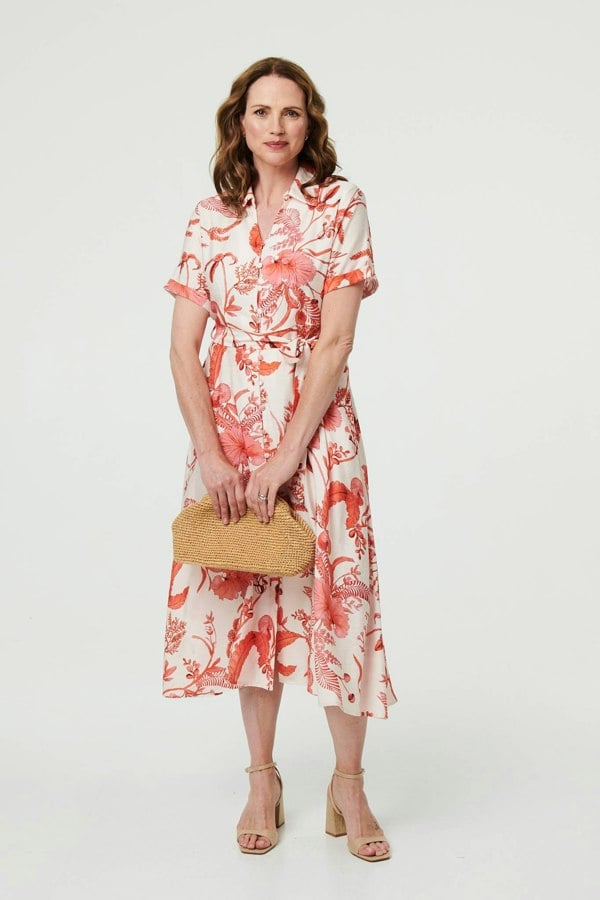 Pink | Printed Tie Waist Shirt Midi Dress
