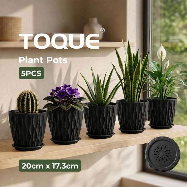 TOQUE Plant Pots 5Pc 20cm Plant Pots Indoor Drainage PP Plastic Black