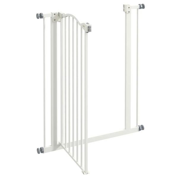 White pressure-fit dog gate panel with vertical bars and feet, freestanding view