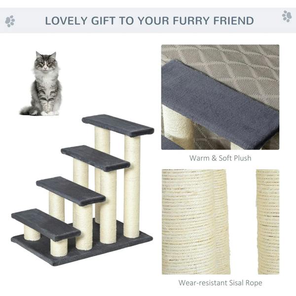 Grey 4-step pet stairs with sisal-wrapped posts and plush top step detail