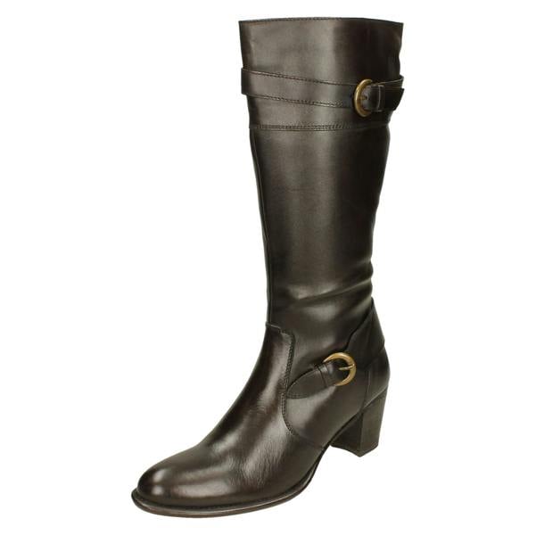 Ladies Damen Stiefel Buckle Detailed Heeled Knee High Boots 2080
