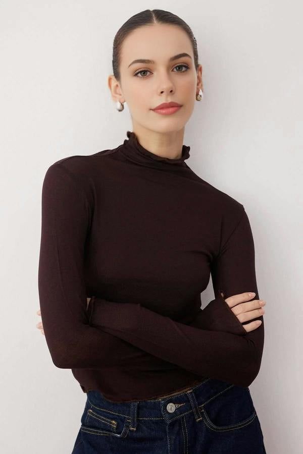 WOVCOR Transparent Stand Collar Flexible Regular Knit Blouse