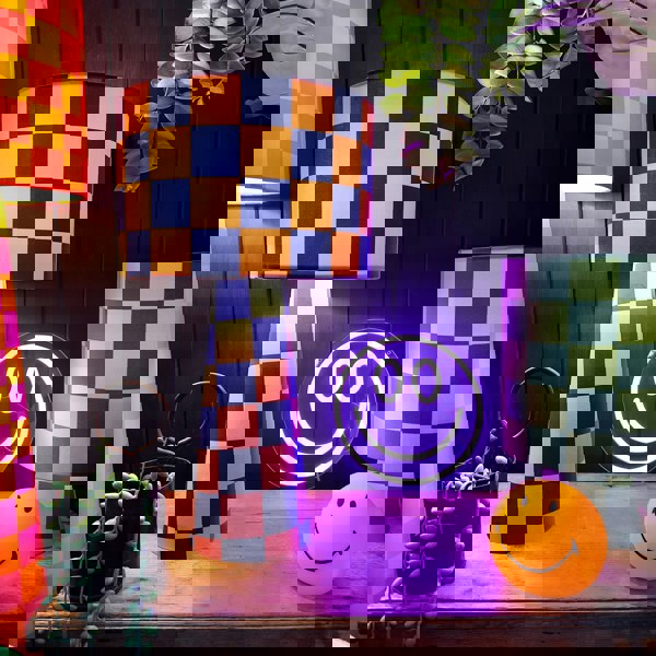 Handmade Checkerboard Velvet lamps in Peach Fuzz. Peach and Indigo Checkerboard Lamps - The Midi