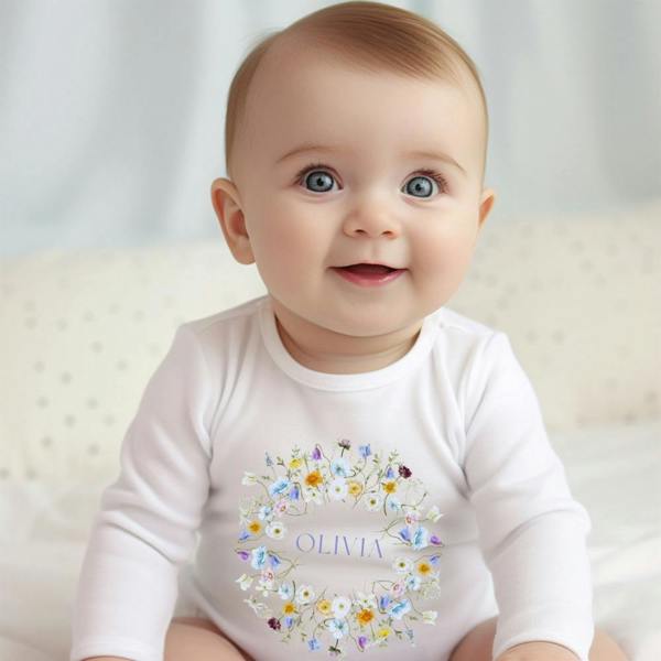 Personalised Baby Girl Spring Flowers Baby Grow, Vest or Bib with Name